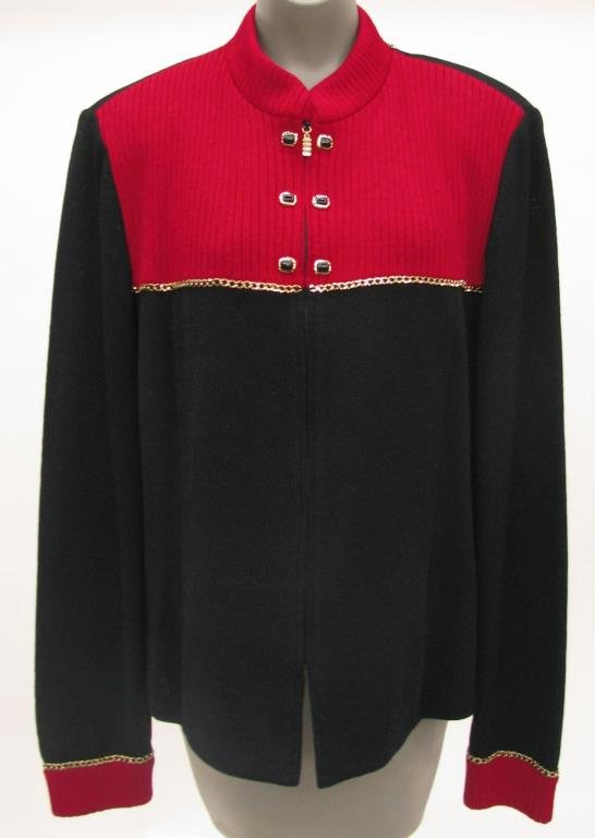St. John, by Marie Gray, Zip Front Sweater: St. John Collection by Marie Gray black and red zip front mock t-neck sweater with six black and gold square buttons and gold tone chain accent. Size 16
