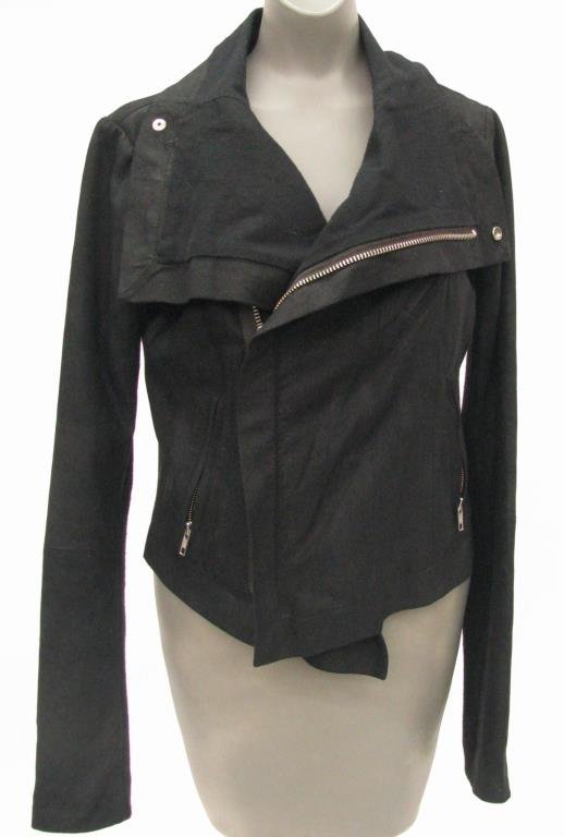 Veda Suede Jacket: Veda ultra fine suede and knit motorcycle jacket. Zip front with two zipper pockets. Back of sleeves are knit so as to prevent wear to the suede. Veda is a brand favored among celebrities. Size L