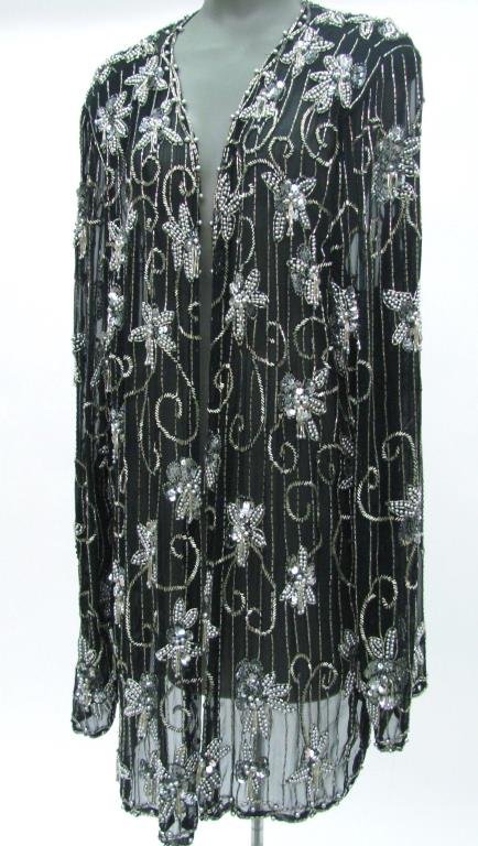 Landmark Black Silk Jacket: Landmark "Deco" style black silk jacket with heavy floral design silver beading. Size 2XL, NWT and extra beads