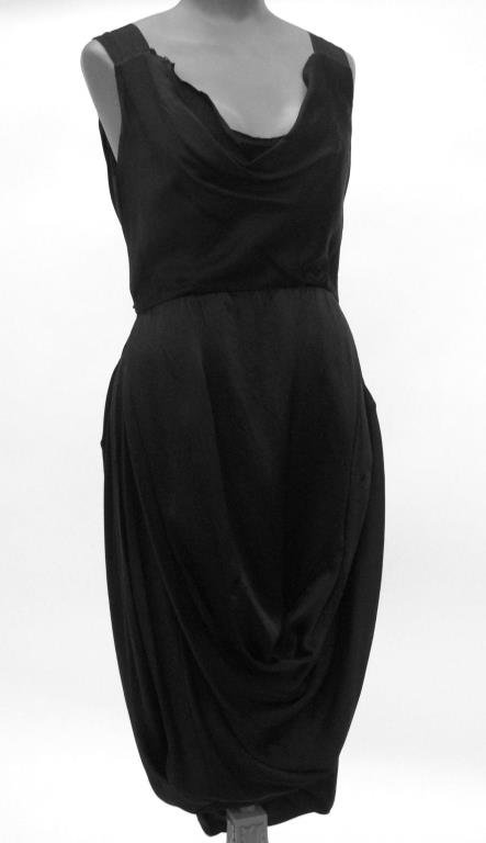 Gary Graham Black Silk Dress: Gary Graham draped black silk sleeveless dress. Empire style waist. Side zipper. Hand distressed detailing to the silk. Size 4