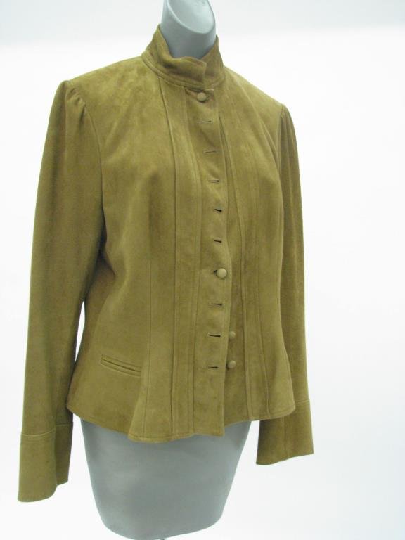 Ralph Lauren "Black Label" Suede Jacket: Ralph Lauren "Black Label" brown goat suede button front jacket. Ten buttons down front, tab style collar, faux front pockets and full lined. Size 12