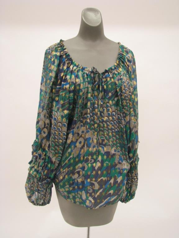 Parker Peacock Blouse: Parker peacock design with metallic thread accent pheasant blouse with drawstring neckline and tiered ruffle sleeves. Size M