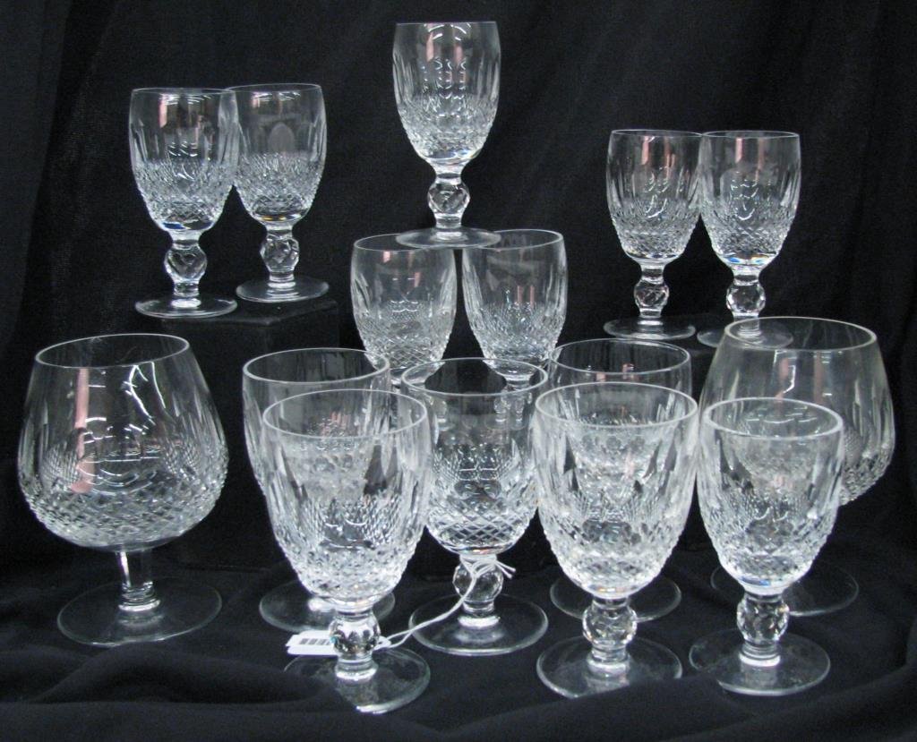 Group of Waterford Crystal Stemware: Group of Waterford crystal stemware, including five juice glasses, two brandy snifters (one with chip on rim), seven matching liqueurs, and one slightly larger liqueur