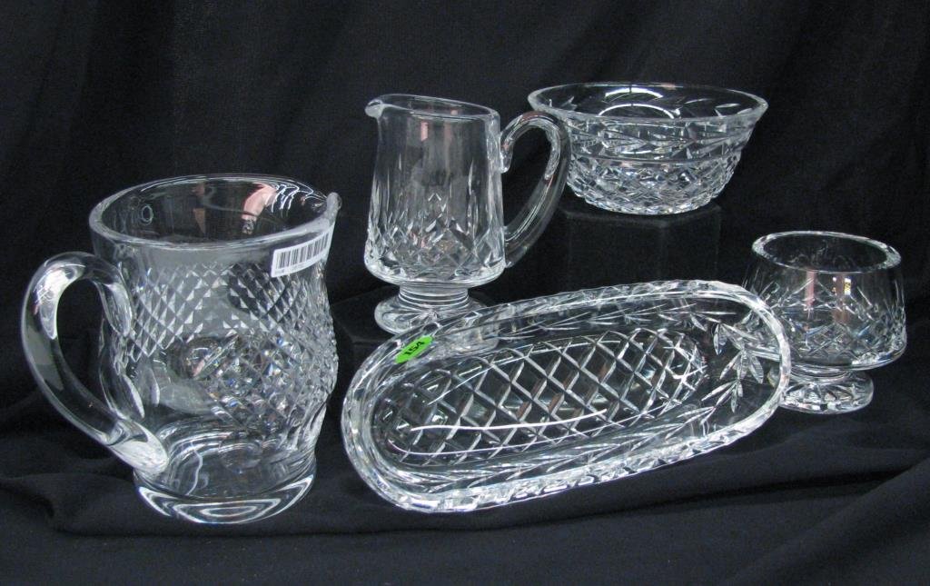 Group of Waterford Crystal Tableware: Group of Waterford crystal tableware, including oval relish, creamer and sugar, juice pitcher and small bowl, most items Colleen pattern