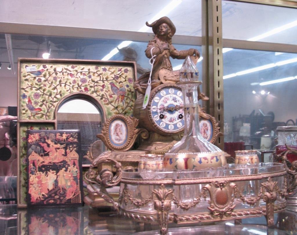 Group of Antique and Vintage Accessories: A group of antique and vintage accessories including French style spelter figural clock with porcelain medallions on cloth covered base; an enamel decorated liqueur set (includes decanter, tray with g