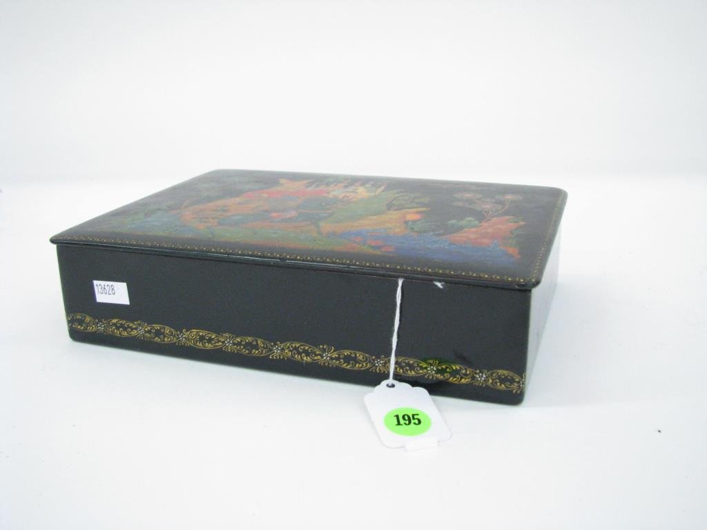 A Russian Lacquer Box: A Russian lacquer box, signed on lid and dated 1976, depicting Ruslan and Ludmila, painted by Gelikova in Paleck, Russia, 6.75" x 9.5" x 2.5" high