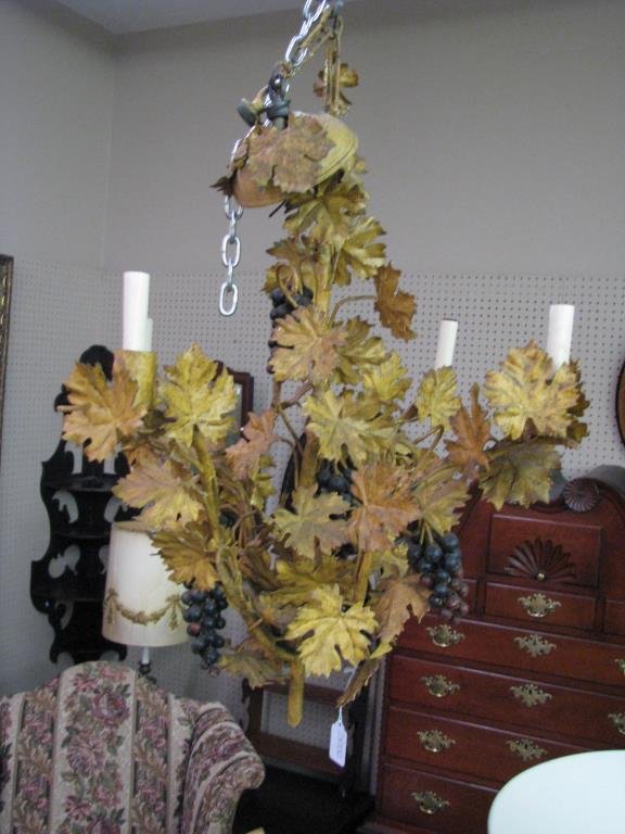 Cast Metal Light Fixture, Leaf Motif: A vintage, cast metal hanging light fixture, with grape and leaf motif