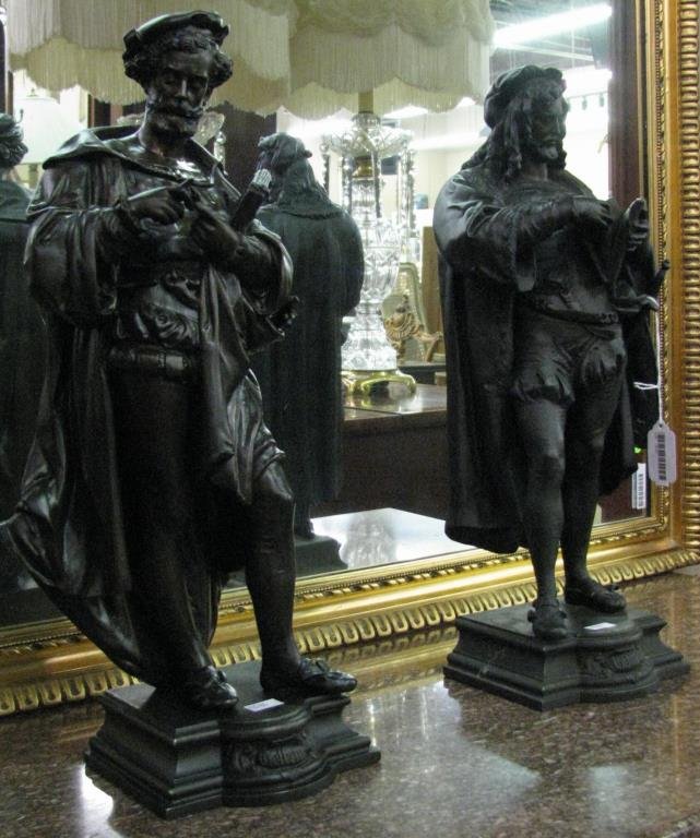 Pair of Cast Metal Figural Sculptures: A pair of cast metal figural sculptures, bronzed finish, one depicting Hendrick Goltzius and other depicting Albrecht Durer, each 17" high
