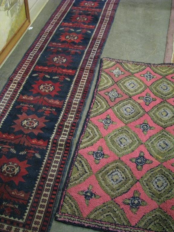 Two Vintage Rugs: Two vintage rugs including semi-antique 2' x 9' Oriental runner, with Serrate figures; and a 4' x 2'4" hook rug