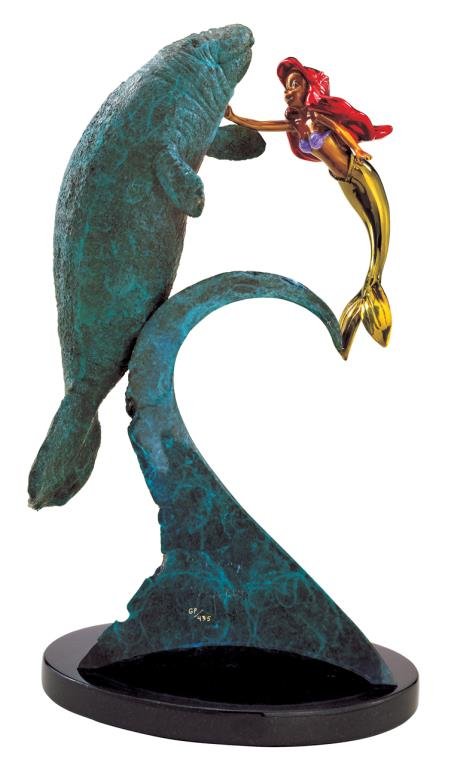 Wyland, Disney Limited Edition Bronze Sculpture: A Robert Wyland, Disney limited edition bronze sculpture, "Little Mermaid Love", depicting Ariel with a manatee, bronze on swivel base, 18" high, limited edition 17/435, copyright 2001