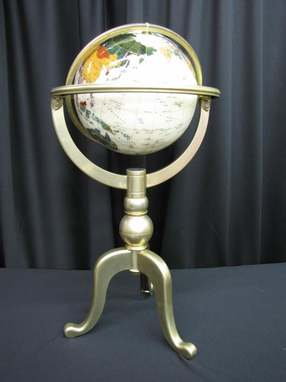 Mineral and Semi Precious Stone Globe on Stand: Mineral and semi precious stone globe on stand, cast metal gold finish base with compass, 36" high with ivory globe