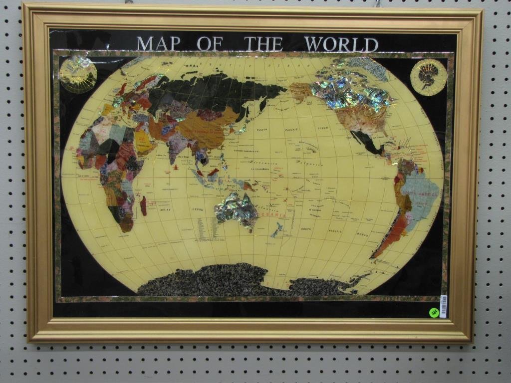 Map of the World: Mineral and semi precious stone map of the world wall art, with an ivory globe, size as framed, 25.5 x 34