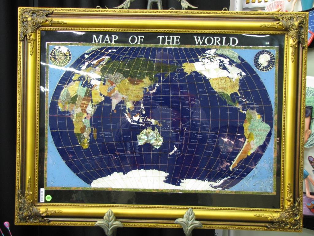 Map of the World: Mineral and semi precious stone map of the world wall art, with a blue globe, size as framed, 28 x 37