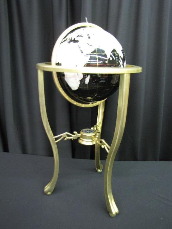 Mineral and Semi Precious Globe on Stand: Mineral and semi precious globe on stand, cast metal gold finish base with compass, 36" high with black and white globe