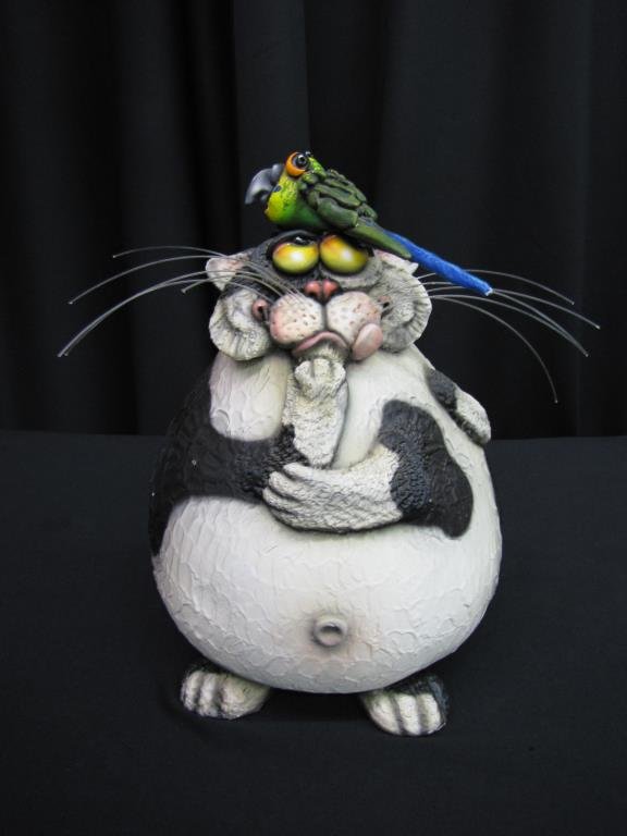 Todd Warner Animal Sculpture: Todd Warner Animal Sculpture, cat with parrot, 13" high