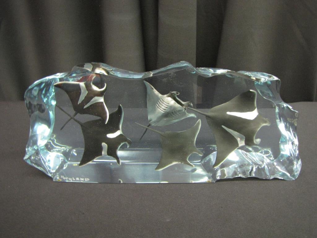 Robert Wyland Sculpture "Manta Ray Waters": Robert Wyland mixed media (lucite and bronze) sculpture, "Manta Ray Waters", 68/350, with original box