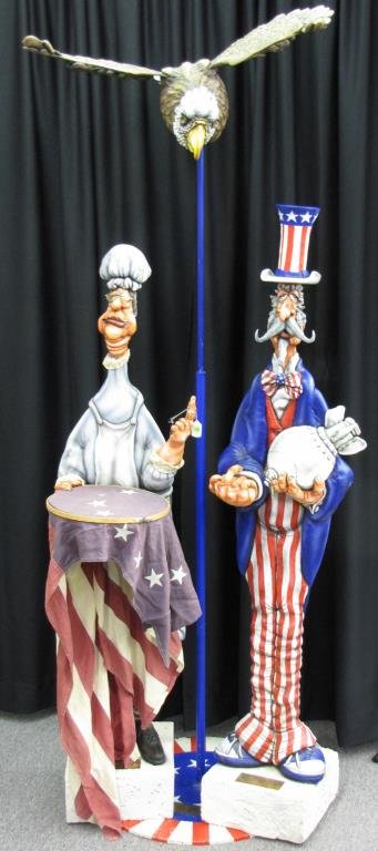 Todd Warner Sculpture Patriotic Grouping: Todd Warner sculpture, patriotic grouping, including "She'll Keep You In Stitches", depicting Betsy Ross, 61" high; "Don't Mess with Uncle Sam" (with a greeting for Osama inscribed), 61" high; and "Th