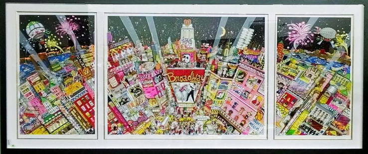 Charles Fazzino Limited Edition 3D Framed Triptych: Charles Fazzino Limited Edition 3D large framed triptych artwork, "A New Year on Broadway", depicting various New York landmarks, combined image size 32" x 90", size as framed 42" x 98.5"