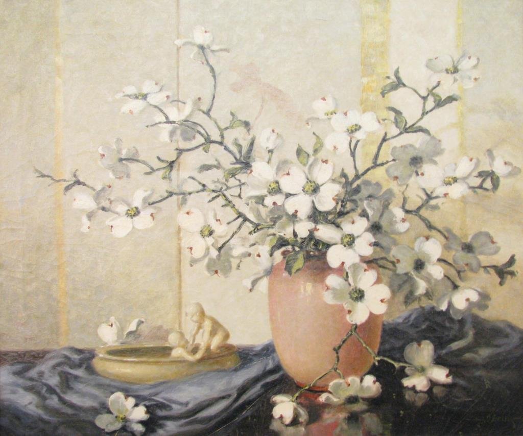 A.D. Greer 25x30 O/C Dogwoods in Vase: A.D. Greer (NY/TX, 1904 - 1998), 25 x 30, oil on canvas, signed lower right, depicting dogwoods in vase with figural porcelain bowl and translucent screen in background, titled on stretcher verso "The