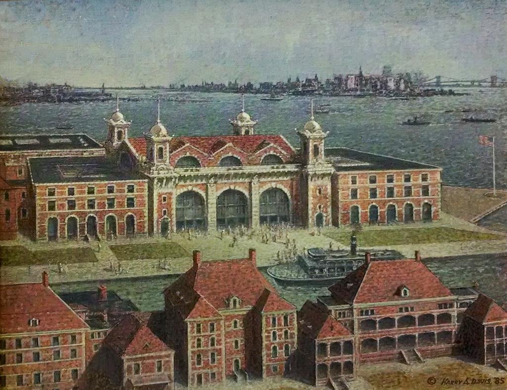 Harry A Davis 19x24 O/C Ellis Island, New York: Harry Allen Davis (IN, 1914-2006) 19 x 24 oil on canvas, signed lower right and dated '85, depicting Ellis Island ferry terminal, with distant views of lower Manhattan, Brooklyn Bridge and Staten Isla