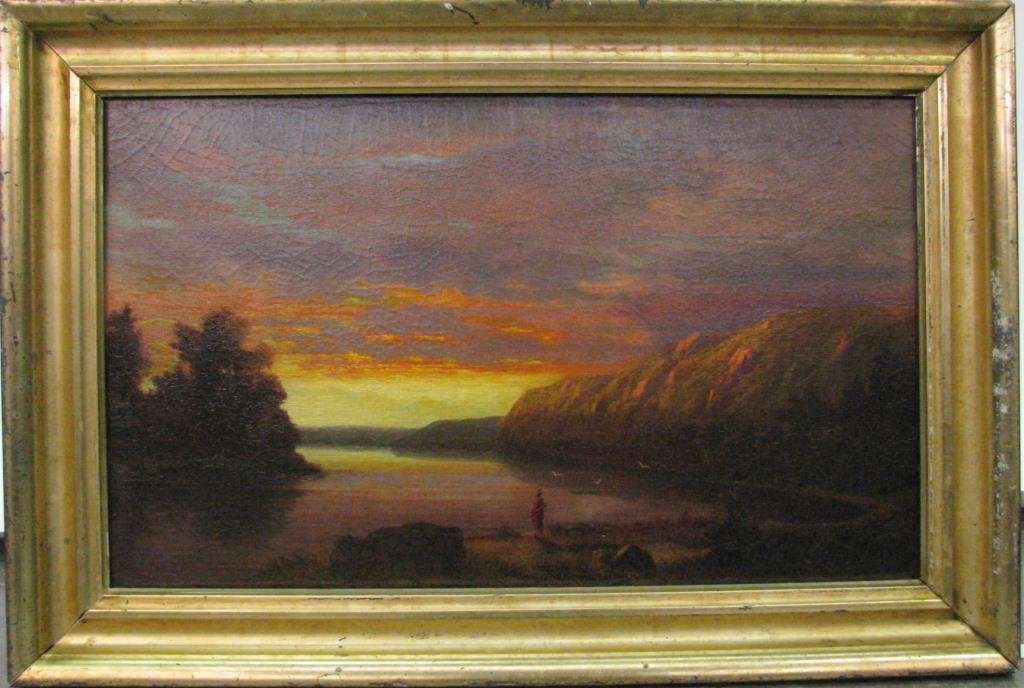 John Mix Stanley 16x26 O/C Landscape with Indian: John Mix Stanley (American, 1814 - 1872), 16 x 26, oil on canvas, signed in lower right "(illegible)...Stanley" depicting an Indian in a lakefront landscape at dusk Previously conserved, April 1991 by