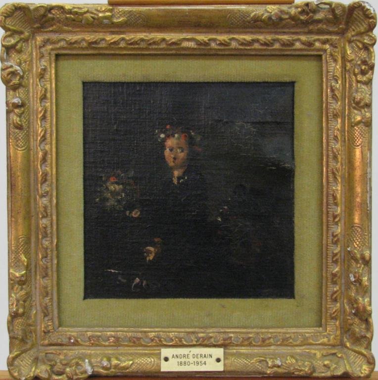 Andre Derain 7.5x7.25 O/C/B Girl with Flowers: Andre Derain (France, 1880-1954), 7.5 x 7.25, oil on canvas on board, signed lower right, depicting girl with flowers, with letter of authenticity dated 1979 from Michael A. Nickol, Gallery 100, Misha