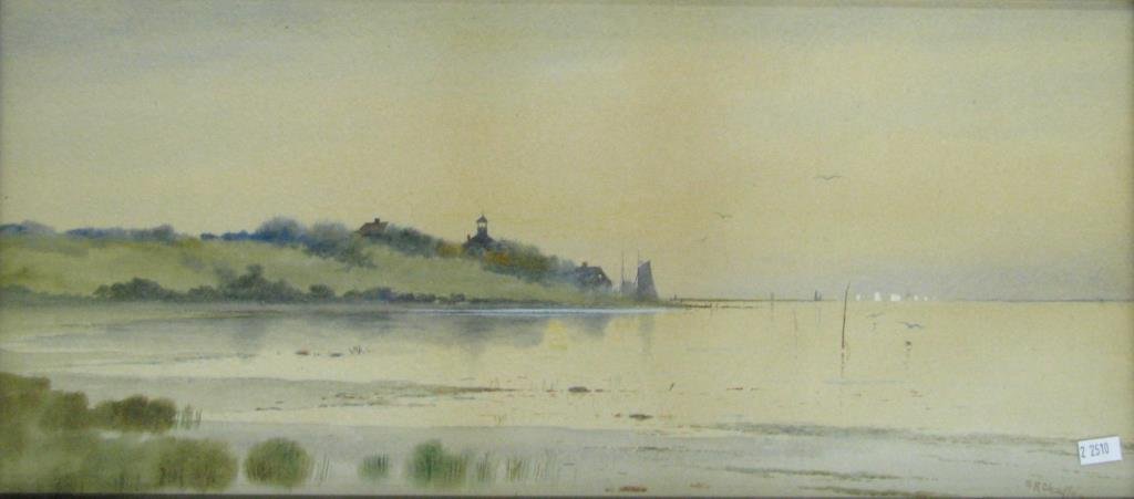 SR Chaffee 10x22 W/C Seascape: Samuel R. Chaffee, (US, 1850 - 1913), 10 x 22, watercolor, signed lower right, depicting seascape with lighthouse