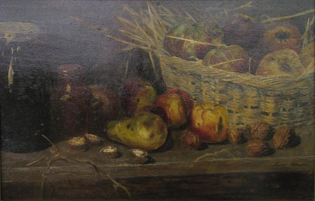 Leon Wopere 13.5x20.5 O/B Still Life: Leon Wopere (unknown), 13.5 x 20.5, oil on board, signed lower right, depicting still life fruit, nuts and jars