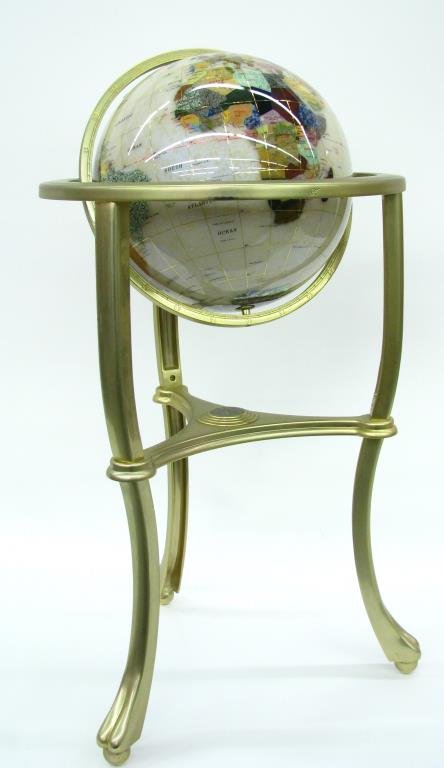 Decorative Mineral Globe on Stand, Ivory: Decorative mineral globe on stand, made of various semiprecious stones including mother of pearl, with satin finish metal base with compass, approximately 35" high, with ivory background