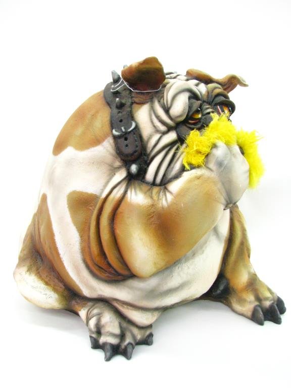Todd Warner Sculpture, Bulldog: Todd Warner sculpture, signed and dated 1998-2002, A/P depicting a bulldog who just ate a canary, 14" high x 16" x 17"