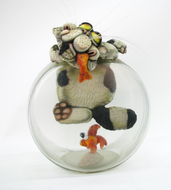 Todd Warner Sculpture, Fish Bowl: Todd Warner sculpture, depicting a cat raiding the goldfish bowl, signed and dated 2001, A/P, 16" high including whiskers