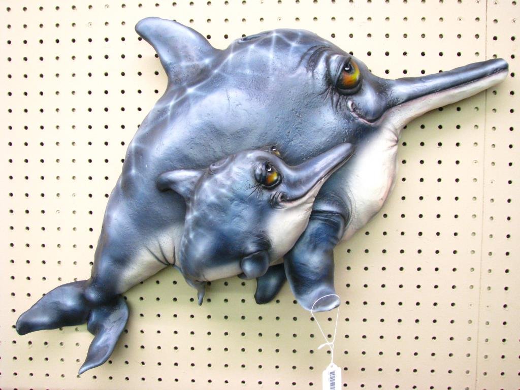 Todd Warner Sea Life Sculpture, Dolphin: Todd Warner sea life sculpture, wall mount, depicting a bottle nose dolphin and baby, signed and dated 2001, #001/100, approximately 21" x 27", with C of A
