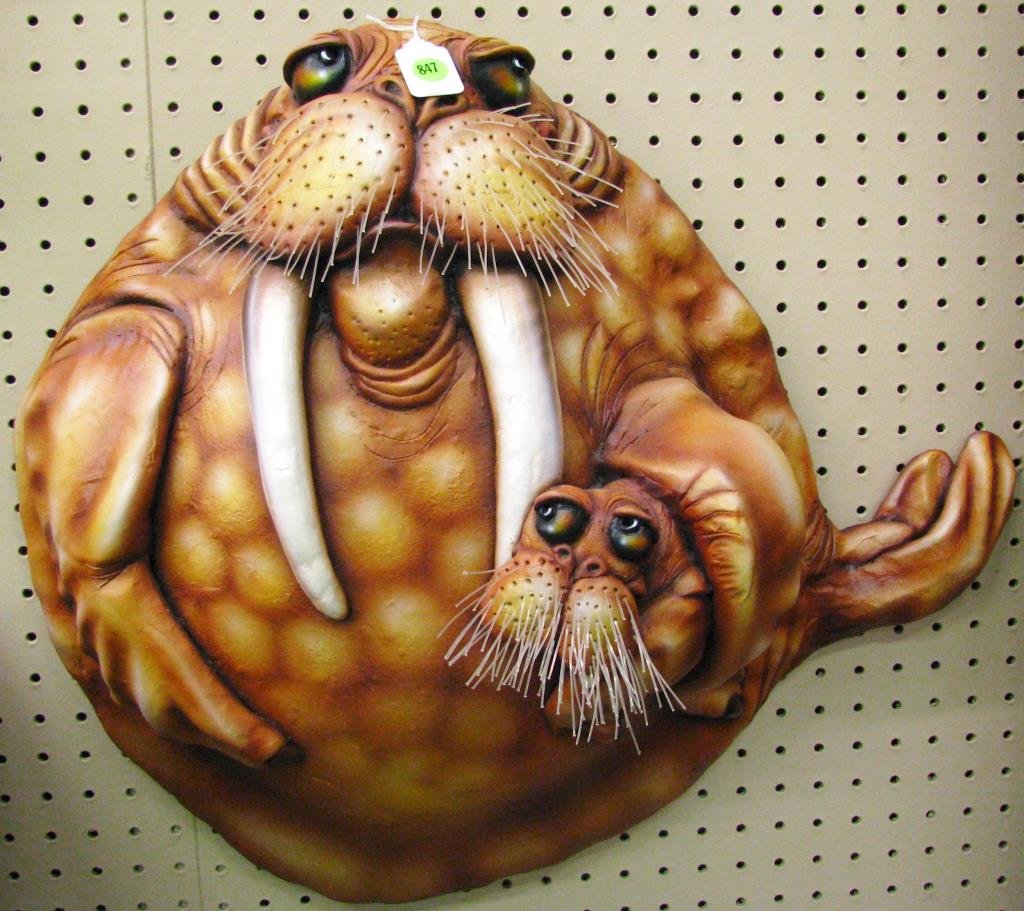 Todd Warner Sea Life Sculpture, Walrus: Todd Warner sea life sculpture, wall hanging, depicting walrus and baby, signed and dated 2002 and numbered 001/100, approximately 21" x 24", with C of A