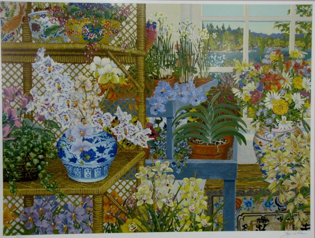 John Powell Limited Edition Serigraph: John Powell limited edition serigraph, entitled "Greenhouse at Toddy Pond", image size 24.5" x 33.25", pencil signed and numbered lower margin 140/300, size as framed, 35.5" x 43.5"