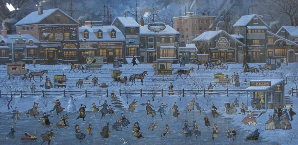 Charles Wysocki Limited Edition Framed Print: Charles Wysocki Limited Edition framed print, entitled "Bostonians and Beans", pencil signed and numbered lower right, #3034/6711, size as framed 29.5" x 48.5"