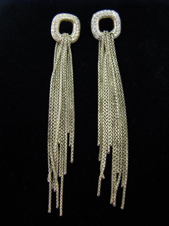 David Yurman Sterling, Diamond Tassel Earrings: A pair of David Yurman sterling silver lariat style earrings, each with a square pendant measuring approximately .5" square with two rows of pave diamonds and multiple delicate chains in tassel style