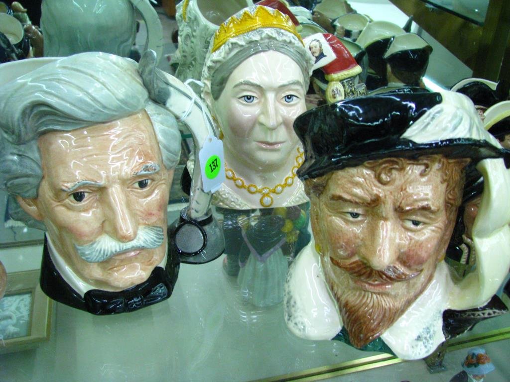 Group of Three Large Royal Doulton Toby Mugs: Two Large Royal Doulton Toby mugs including Queen Victoria Limited Edition, #79/1000, Character Jug of the Year 2001, Sir Francis Drake and Mark Twain
