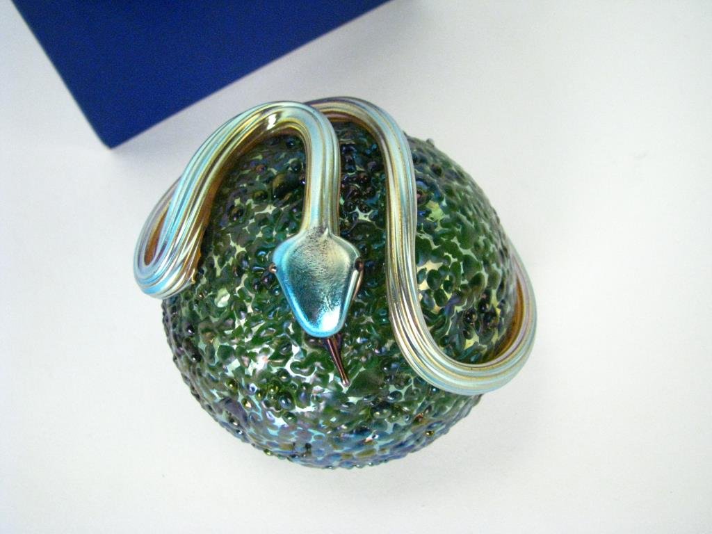 Orient & Flume Art Glass Paperweight: Orient & Flume art glass paperweight, signed and inscribed, S26M1976, also with paper label, with applied serpent, 2.25" high, with cloth dust bag and box