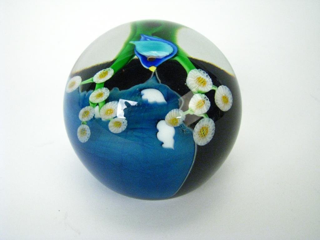 Two Orient & Flume Art Glass Paperweights: Two Orient & Flume art glass paperweights, bluebird, 3" high, signed and inscribed LC05K1978 166/250; butterfly, 2.25" high, signed and inscribed LG01M1978 171/250, both with cloth dust bags