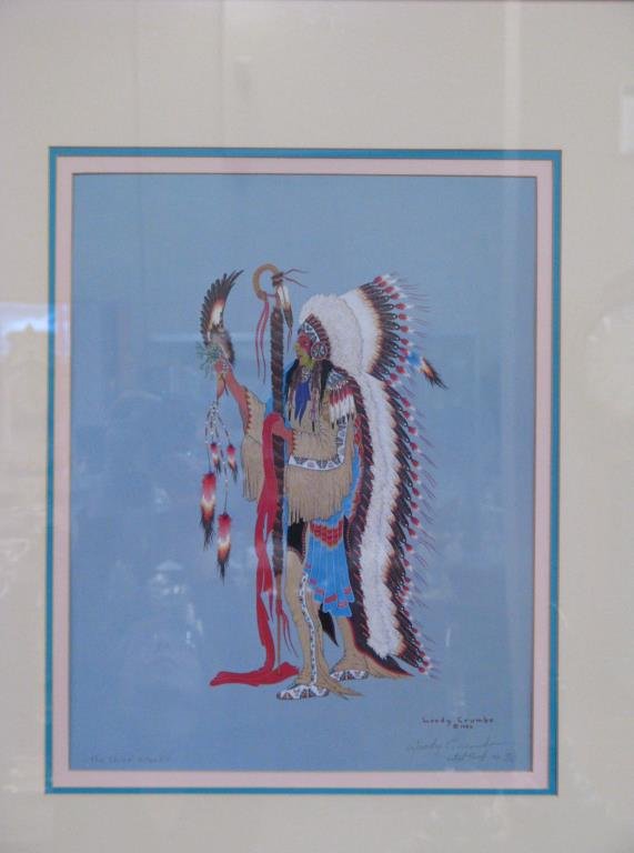 Woody Crumbo Framed Screen Print: A Woody Crumbo framed screen print, "The Chief Speaks", signed, titled and numbered in pencil lower margin AP 58/100, image size 18" x 14", size as framed is 32" x 26.5"