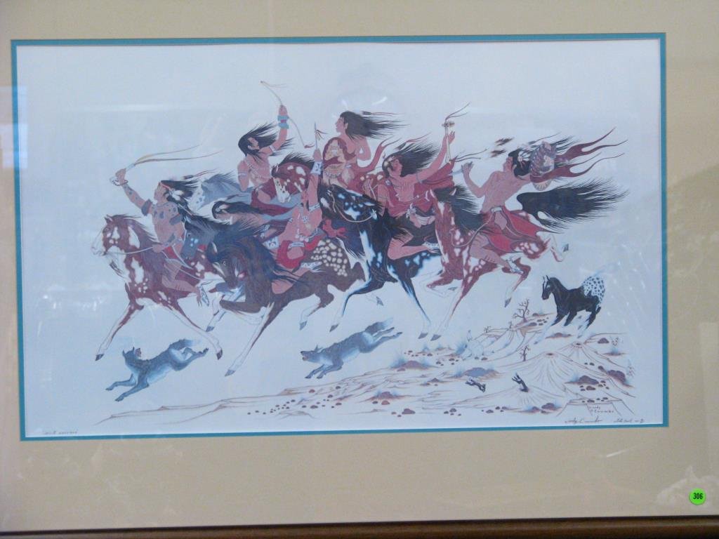 Woody Crumbo Framed Silk Screen Print: Woody Crumbo Framed Silk Screen Print, "Spirit Warriors", signed, titled and numbered AP 4/163 lower margin in pencil, size as framed is 32" x 42"