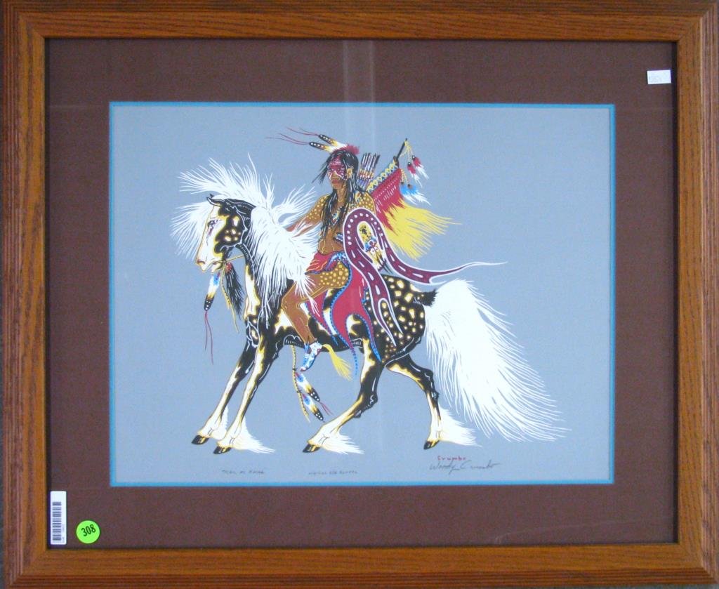Woody Crumbo Framed Silk Screen Print: Woody Crumbo Framed Silk Screen Print, "Man on Horse", titled, signed and inscribed in pencil lower margin, image size 12.5" x 16.5", size as framed is 19.5" x 24"