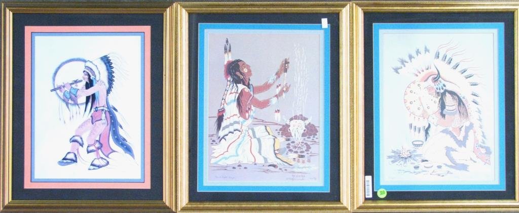 Pair of Woody Crumbo Silk Screen Prints: Pair of Woody Crumbo silk screen prints including "Peace Pipe Prayer", and "Prayer Song", both pieces titled, signed and numbered 31/100 in pencil lower margin, each size as framed 17.25" x 14.25"