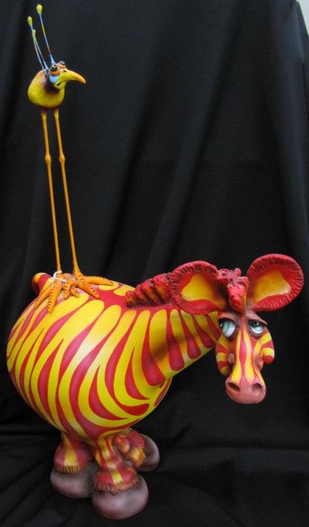 Todd Warner Sculpture, "Pizzaz" Series, Plum Crazy: Todd Warner hand painted resin sculpture, from the "Pizzaz" series, depicting zebra with bird, "Plum Crazy", 26" high x 18" long