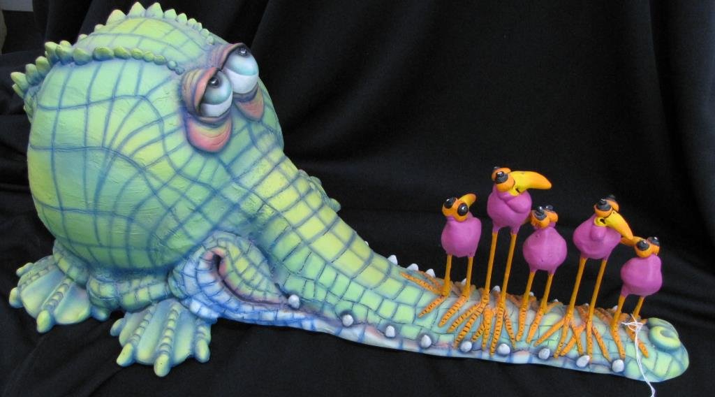 Todd Warner Sculpture, "Pizzaz" Series: Todd Warner hand painted resin sculpture, from the "Pizzaz" series, "Lime Liquidator", depicting crocodile with birds, signed and dated 2001, A/P, 27" long, 10" high