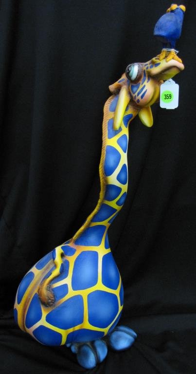 Todd Warner Sculpture, "Pizzaz" Series: Todd Warner hand painted resin sculpture, from the "Pizzaz" series, "Blueberry Patch", depicting giraffe with bird, signed and dated 2000/2001, A/P, 24" high