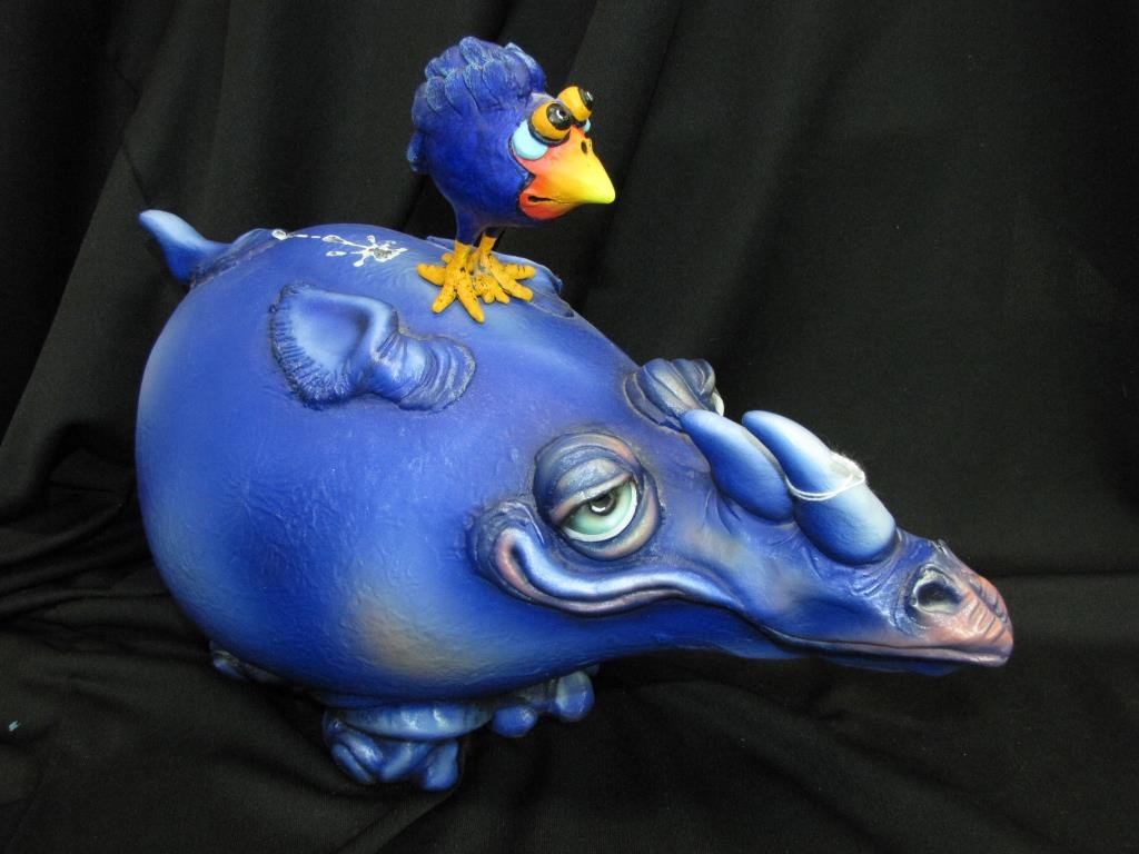 Todd Warner Sculpture, "Pizzaz" Series: Todd Warner hand painted resin sculpture, from the "Pizzaz" series, "Blue Streak", depicting Rhinoceros with bird, signed and dated 2000/2001, A/P, 14" long, 11" high