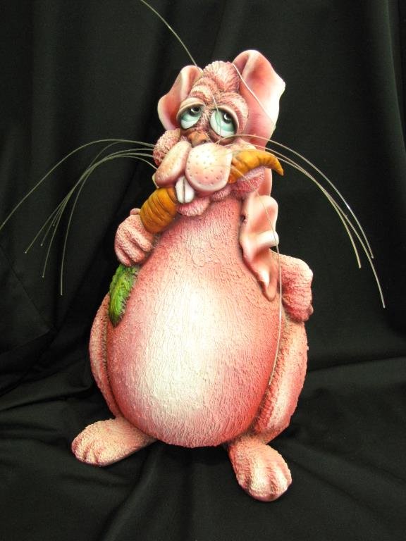 Todd Warner Sculpture, "Pizzaz" Series: Todd Warner hand painted resin sculpture, from the "Pizzaz" series, "Wraspberry Wrabbit", depicting pink rabbit eating carrot, 16" high, artist signed 2001, A/P, also inscribed "First of New Series"