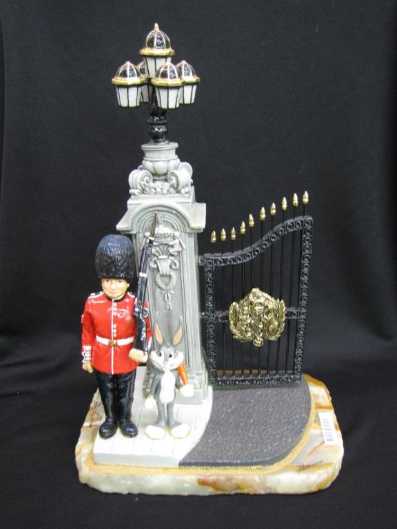 Ron Lee Bugs Bunny Sculpture: Ron Lee Warner Brothers sculpture depicting Bugs Bunny, "Changing of the Guard", with alabaster base and painted cast metal figures, personalized and signed, copyright 2000, Artist Proof 14/50, 15" hi