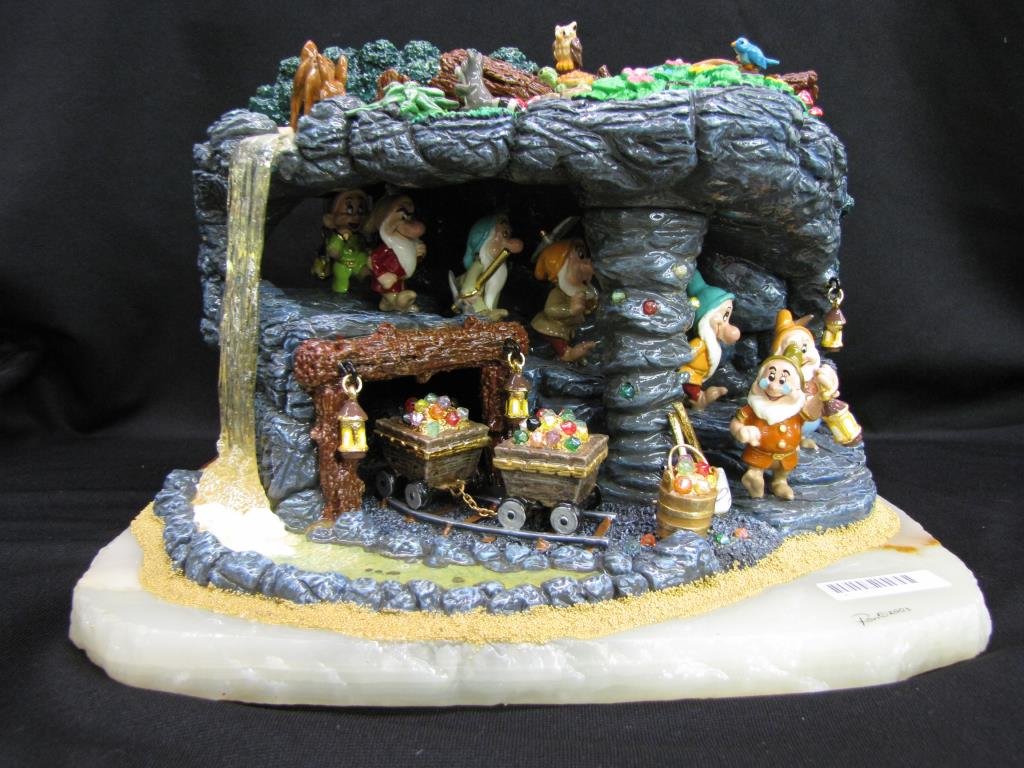 Ron Lee Disney Sculpture The Seven Dwarves Mine: Ron Lee Disney sculpture, The Seven Dwarves Mine, on alabaster base, with cast metal figures, signed and dated and personalized 2003, Artist Proof, 9.5" x 12" x 9" high